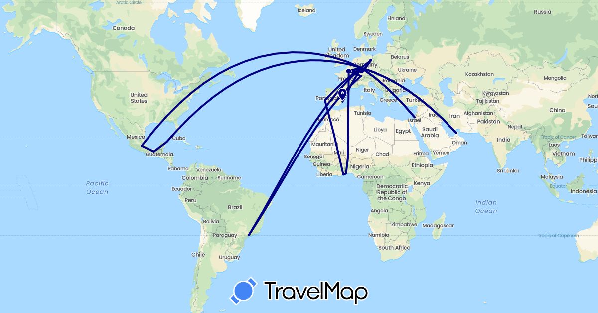 TravelMap itinerary: driving in United Arab Emirates, Brazil, Switzerland, Germany, Spain, France, Ghana, Israel, Mexico, Niger, Portugal, Togo (Africa, Asia, Europe, North America, South America)
